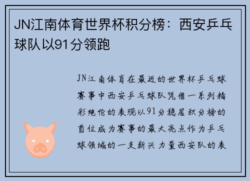 JN江南体育世界杯积分榜：西安乒乓球队以91分领跑